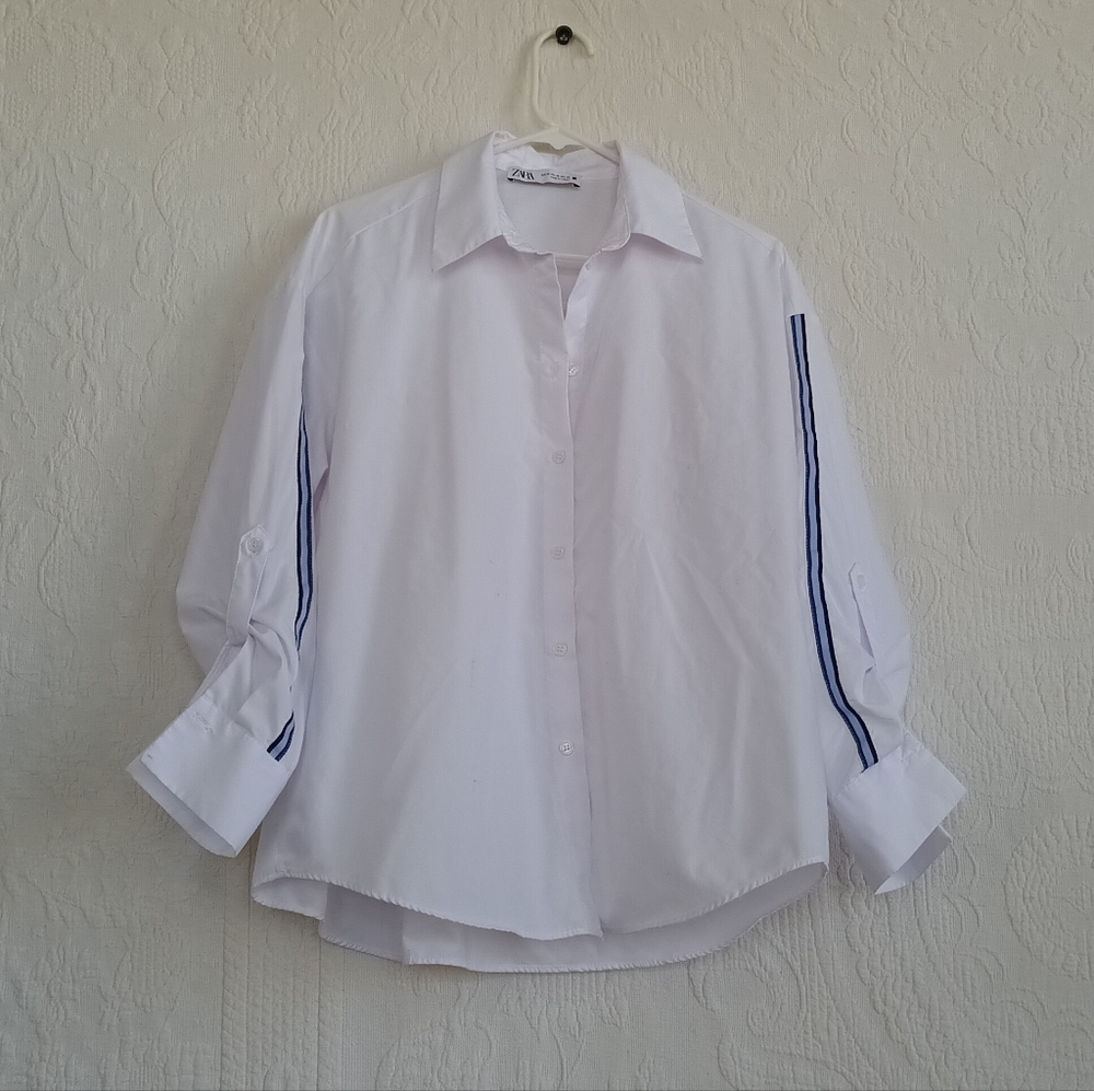 Zara White Button-Up Shirt Navy Stripe Sleeve Detail Oversized Billowy Beach - Picture 13 of 13